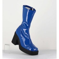 Hot Garrice Boots Galbante En Stretch Vernis Bleu - Noely Blue Boots