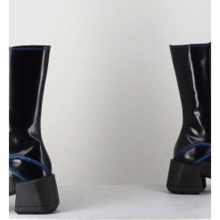 Best Garrice Boots Tige Haute En Cuir Lisse Noir Aux Bords Bleus - Mieko Blu Boots