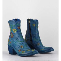 New Garrice Boots En Cuir Bleu Broderies Fleurs - 3207C Alfa Cielo