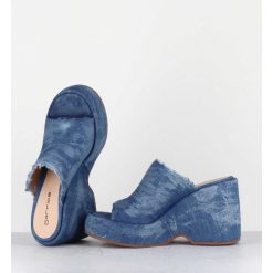 Hot Garrice Mules Compensees 90S En Jean Bleu Lave - Masa3 Jeans Lavato