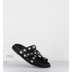 Clearance Garrice Mules Plates Entre-Doigts En Cuir Noir & Rivets Argent - Kero Tuffato Nero