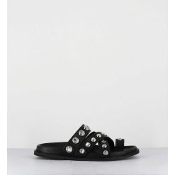 Clearance Garrice Mules Plates Entre-Doigts En Cuir Noir & Rivets Argent - Kero Tuffato Nero