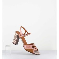 Online Garrice Sandales A Talon En Cuir Imprime Vintage Camel & Rose - Bindi Ferrari Pink