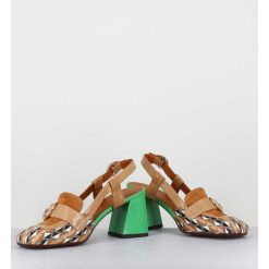 New Garrice Mocassins Slingback Motif Retro Camel & Vert - Suyli Blues Cuero