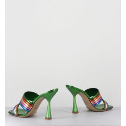 Hot Garrice Mules Bout Carre Talon Haut Cuir Metallise Vert + Multicolore - Anne Laminato Rainbow