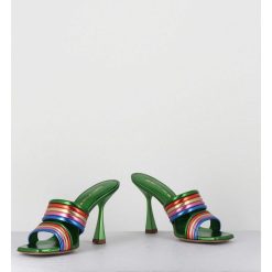 Hot Garrice Mules Bout Carre Talon Haut Cuir Metallise Vert + Multicolore - Anne Laminato Rainbow