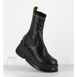 Clearance Garrice Boots Bubble Compensees En Cuir Noir Stretch - Kattrin Black Boots