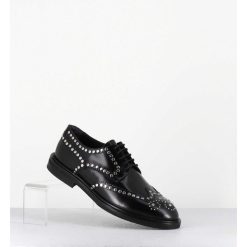 Hot Garrice Derbies Plats En Cuir Glace Noir Bout Fleuri & Rivets - Salvo Abra Nero