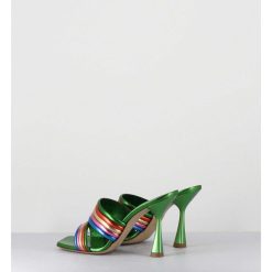 Hot Garrice Mules Bout Carre Talon Haut Cuir Metallise Vert + Multicolore - Anne Laminato Rainbow