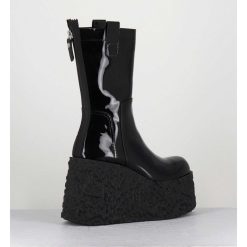 Clearance Garrice Boots En Cuir Vernis Noir Compensees - Lava Bootie Nero