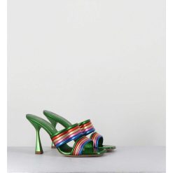 Hot Garrice Mules Bout Carre Talon Haut Cuir Metallise Vert + Multicolore - Anne Laminato Rainbow