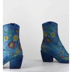 New Garrice Boots En Cuir Bleu Broderies Fleurs - 3207C Alfa Cielo