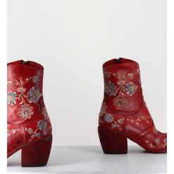 New Garrice Boots En Cuir Rouge Broderies Fleurs - 3207 Ignis Rosso