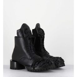 New Garrice Boots A Lacets Talon Cylindrique Et Cuir Noir Froisse - Lava Nappa Nero