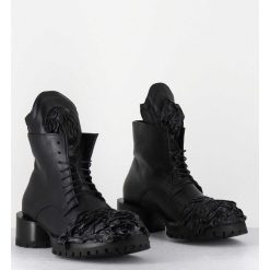 New Garrice Boots A Lacets Talon Cylindrique Et Cuir Noir Froisse - Lava Nappa Nero