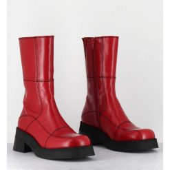 Hot Garrice Boots En Cuir Rouge & Surpiqures Noires - Heya Red Boots