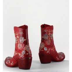 New Garrice Boots En Cuir Rouge Broderies Fleurs - 3207 Ignis Rosso