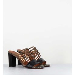 Hot Garrice Mules Multi-Matieres En Cuir Tresse Bronze & Noir - Bisu Softy Negro