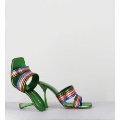 Hot Garrice Mules Bout Carre Talon Haut Cuir Metallise Vert + Multicolore - Anne Laminato Rainbow