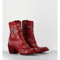 New Garrice Boots En Cuir Rouge Broderies Fleurs - 3207 Ignis Rosso