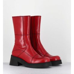 Hot Garrice Boots En Cuir Rouge & Surpiqures Noires - Heya Red Boots