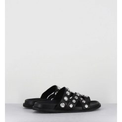 Clearance Garrice Mules Plates Entre-Doigts En Cuir Noir & Rivets Argent - Kero Tuffato Nero