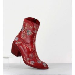 New Garrice Boots En Cuir Rouge Broderies Fleurs - 3207 Ignis Rosso