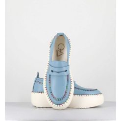 Hot Garrice Mocassins En Cuir Bleu Avec Surpiqures Multico - A66C Happy Blu