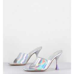 New Garrice Mules Talon Haut Cuir Iridescent Argent - Asia Cosmo Silver