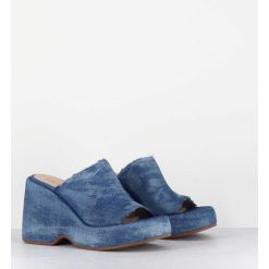 Hot Garrice Mules Compensees 90S En Jean Bleu Lave - Masa3 Jeans Lavato