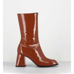 New Garrice Boots A Talon 70S En Cuir Vernis Marron Orange - Ya2240 Cuoio