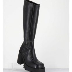 Hot Garrice Bottes A Plateforme En Cuir Noir & Surpiqures Blanches 90S - Dulce Tal Boots