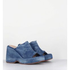 Hot Garrice Mules Compensees 90S En Jean Bleu Lave - Masa3 Jeans Lavato