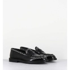 Best Garrice Mocassins En Cuir Noir & Rivets Argent Semelle Gomme - Aversa Abra Nero