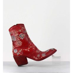 New Garrice Boots En Cuir Rouge Broderies Fleurs - 3207 Ignis Rosso