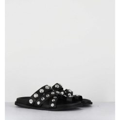 Clearance Garrice Mules Plates Entre-Doigts En Cuir Noir & Rivets Argent - Kero Tuffato Nero