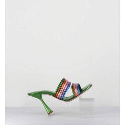 Hot Garrice Mules Bout Carre Talon Haut Cuir Metallise Vert + Multicolore - Anne Laminato Rainbow