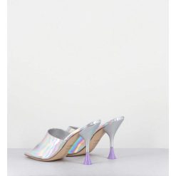 New Garrice Mules Talon Haut Cuir Iridescent Argent - Asia Cosmo Silver