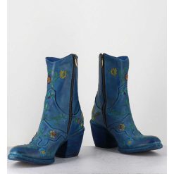 New Garrice Boots En Cuir Bleu Broderies Fleurs - 3207C Alfa Cielo