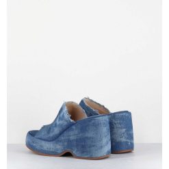 Hot Garrice Mules Compensees 90S En Jean Bleu Lave - Masa3 Jeans Lavato