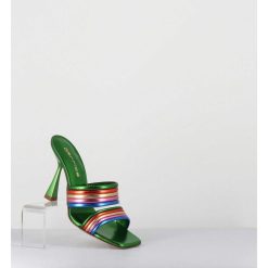 Hot Garrice Mules Bout Carre Talon Haut Cuir Metallise Vert + Multicolore - Anne Laminato Rainbow