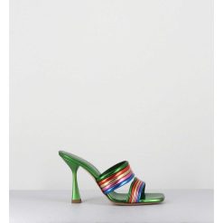 Hot Garrice Mules Bout Carre Talon Haut Cuir Metallise Vert + Multicolore - Anne Laminato Rainbow