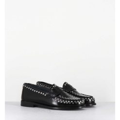 New Garrice Mocassins Plats En Cuir Glace Noir & Rivets Argent - Tore Abra Nero