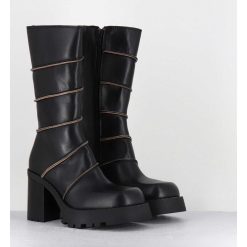 Wholesale Garrice Boots A Plateforme En Cuir Noir & Surpiqures Beiges - Graciane Black Boots