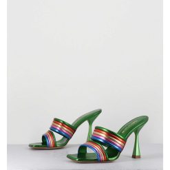 Hot Garrice Mules Bout Carre Talon Haut Cuir Metallise Vert + Multicolore - Anne Laminato Rainbow