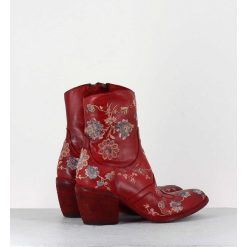 New Garrice Boots En Cuir Rouge Broderies Fleurs - 3207 Ignis Rosso