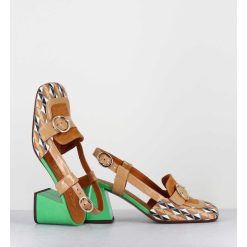 New Garrice Mocassins Slingback Motif Retro Camel & Vert - Suyli Blues Cuero