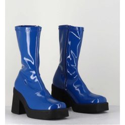 Hot Garrice Boots Galbante En Stretch Vernis Bleu - Noely Blue Boots