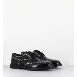 Hot Garrice Derbies Plats En Cuir Glace Noir Bout Fleuri & Rivets - Salvo Abra Nero